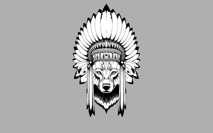 Wolf wearing a Native American war bonnet