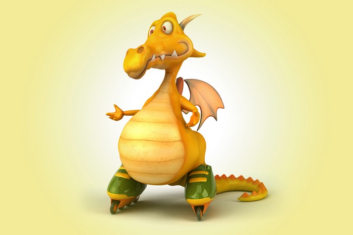 Yellow dragon on roller skates