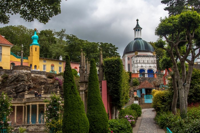 Portmeirion village with colorful buildings and trees