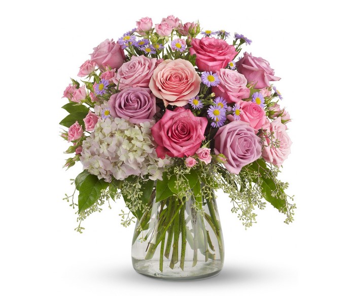 Pink and Purple Roses and Hydrangea Bouquet in Vase