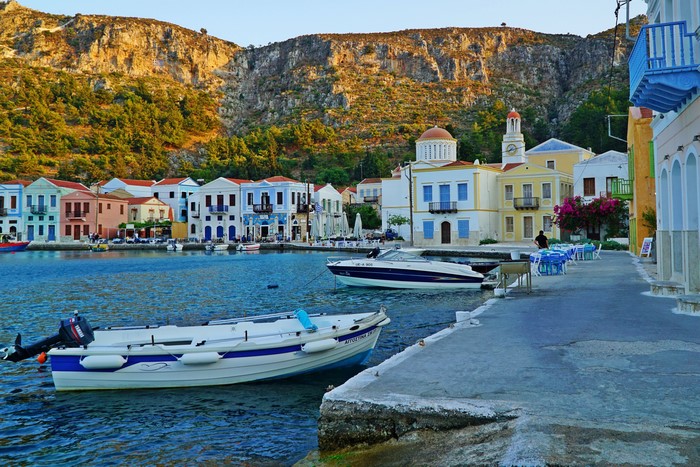 Colorful houses and boats in Kastelorizo, Greece
