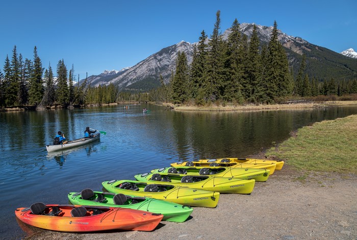 Kayaks and Canoes on Bow River, Banff National Park, Canada