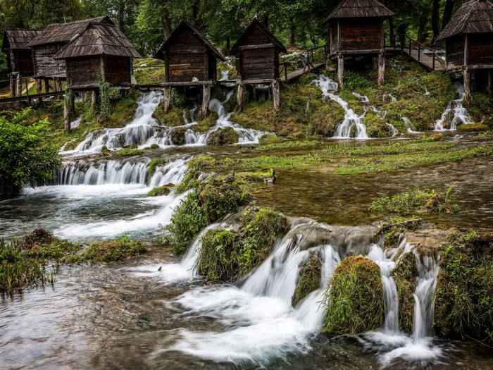 Waterfalls and wooden houses in Bosnia and Herzegovina