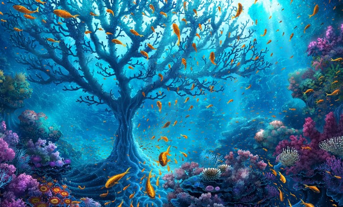 Underwater tree with golden fish and colorful corals