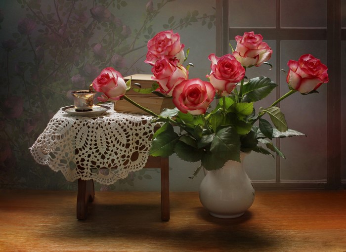 Still-life with roses, vase, cup, and books