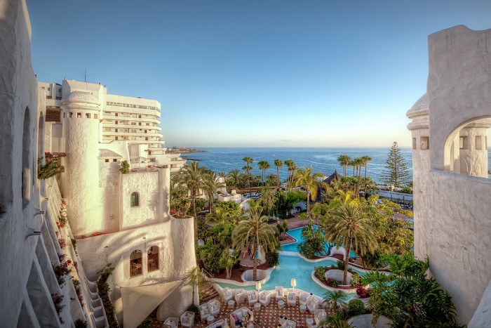 Resort with pools and palms in Canary Islands, Spain