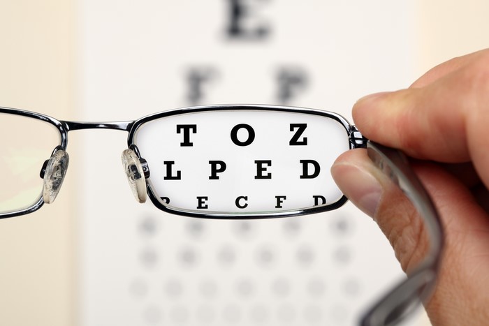 Closeup of eyeglasses on eye chart