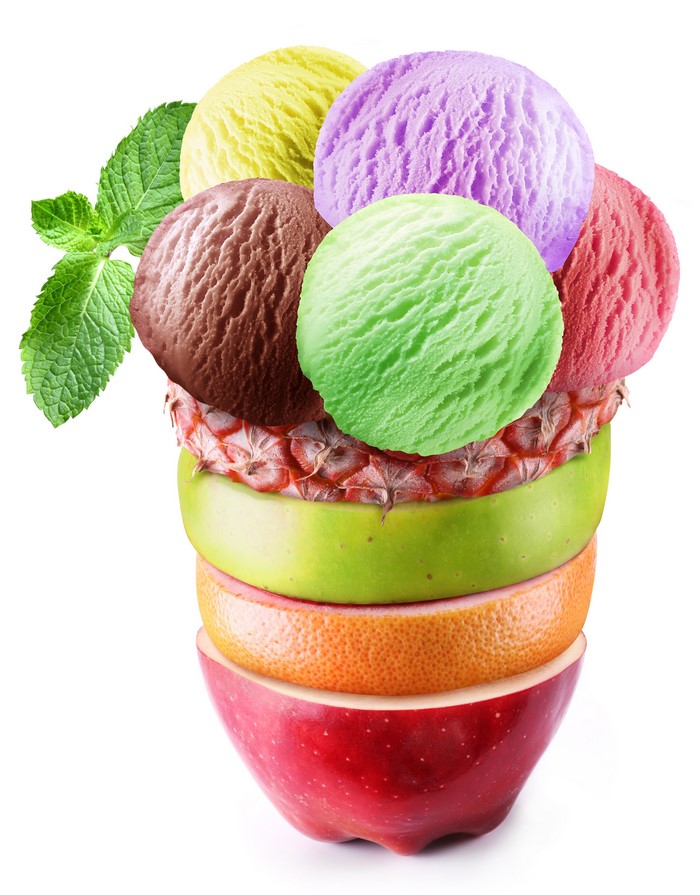 Ice cream scoops stacked on fruit