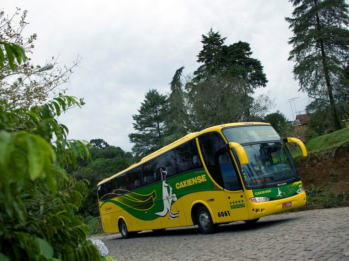 Yellow Caxiense bus on a cobblestone road