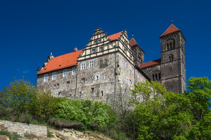 4K Quedlinburg Monastery with Timbered Houses and Shrubs