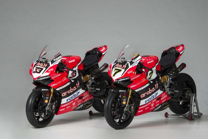 Two Ducati 2017 Panigale R Superbikes on gray background