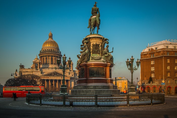 Monument to Nicholas I and Saint Isaac's Cathedral, St. Petersburg, Russia