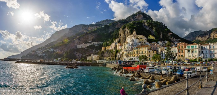 Amalfi Coast Italy with Houses on Mountains and Bay