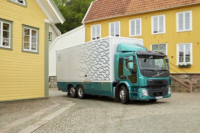 Volvo electric truck with a box trailer