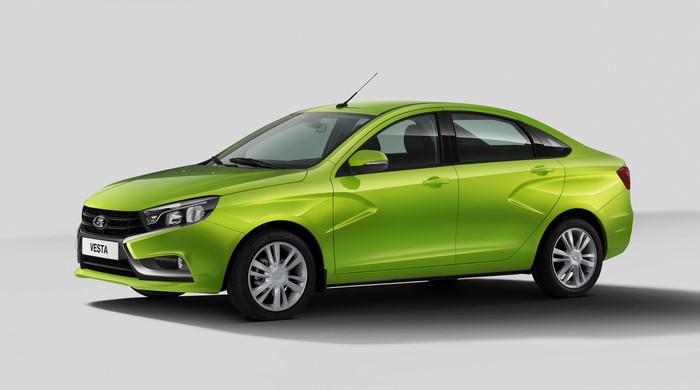 Lada Vesta sedan in yellow-green color