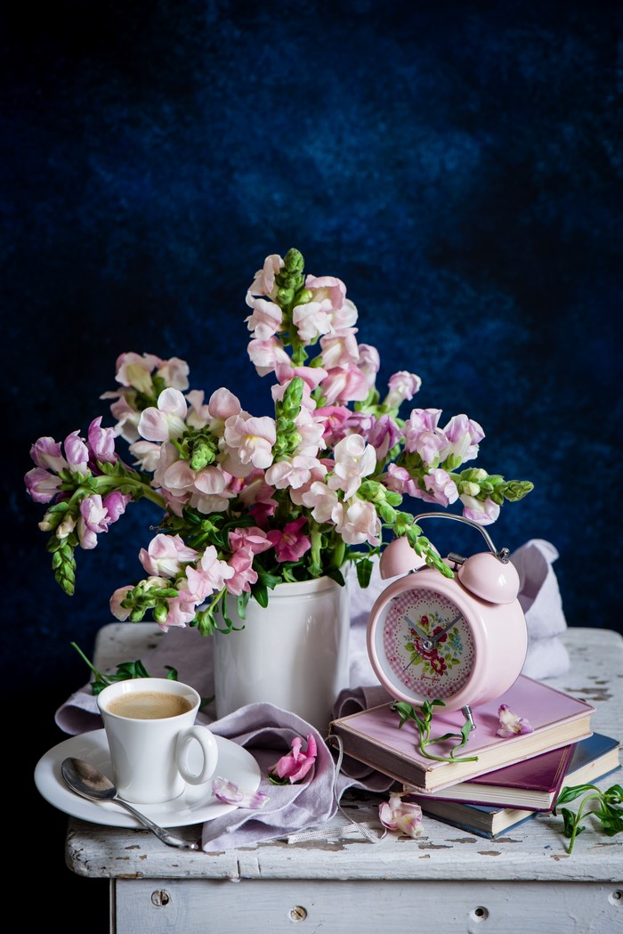 Still-life with Antirrhinum flowers, coffee, and clock