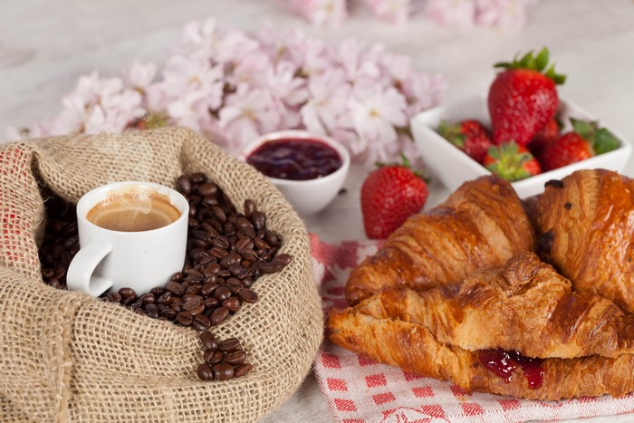 Coffee, Croissants, Strawberries, and Jam