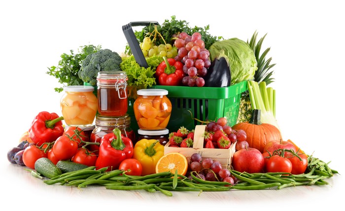 Assortment of fresh fruits, vegetables, and preserved goods