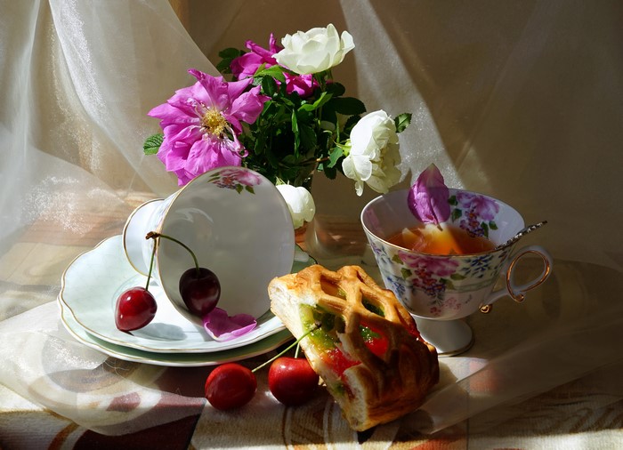 Still-life with Roses, Pie, Cherries, and Tea