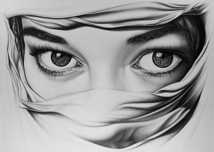 Pencil drawing of a woman's eyes covered by fabric