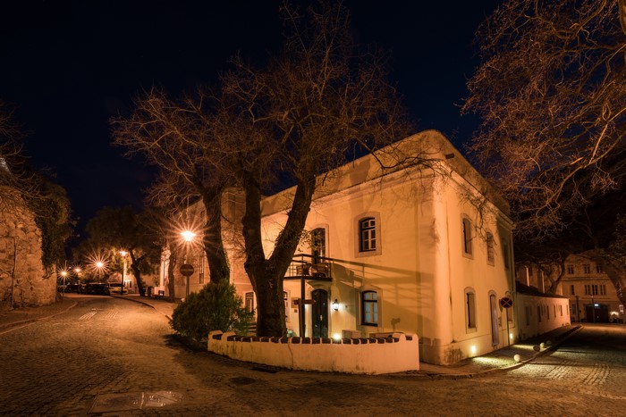 Street at night in Monchique, Portugal with street lights and trees