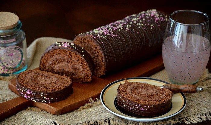 Chocolate Swiss Roll Cake with Sprinkles and Drink
