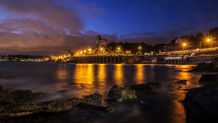 Castagna, Liguria, Italy Coastline at Night with Street Lights