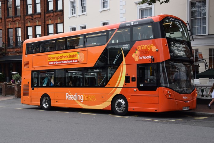 Orange double-decker bus in Reading