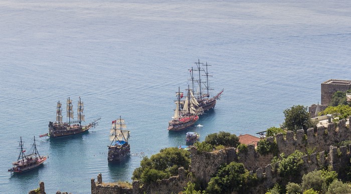 Ships sailing near a coastal fortress in Turkey