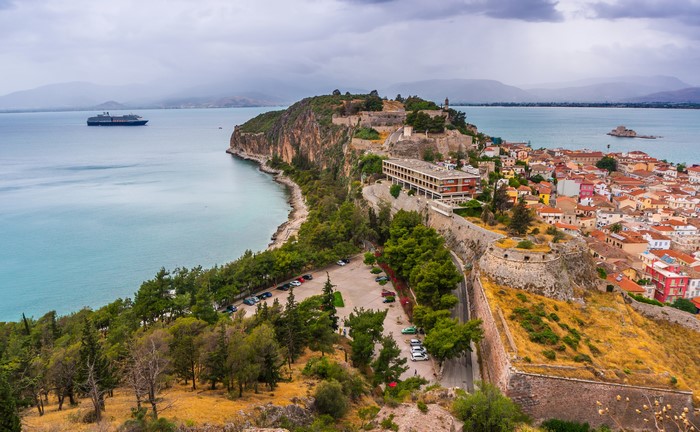 Nafplio, Greece Coastline with Fortress and Cruise Ship