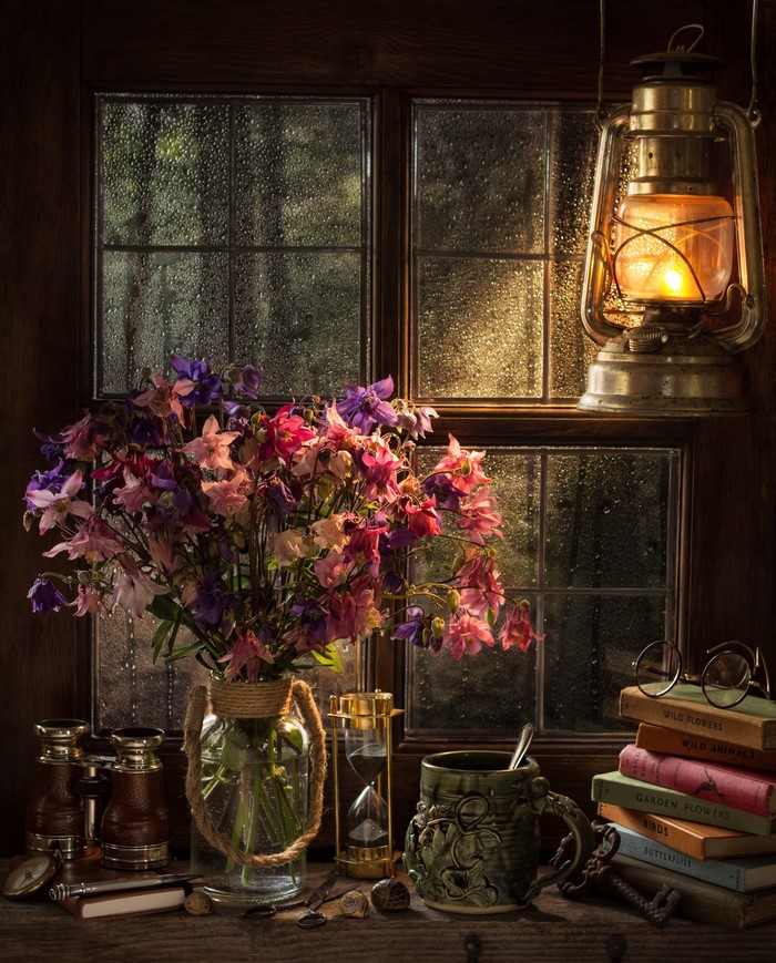Still life with flowers, books, and lantern by a window