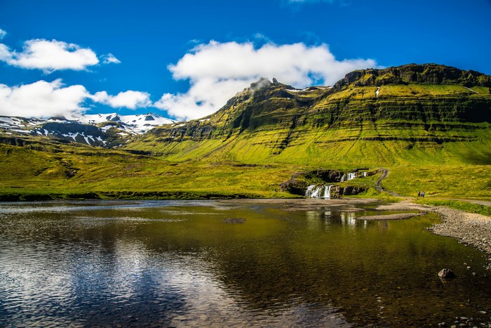 4K Iceland Lake and Mountains with Waterfall