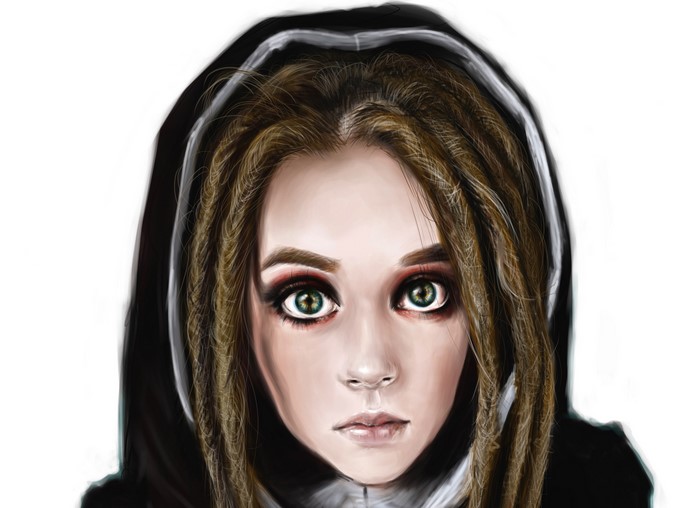 Painting of a girl with dreadlocks wearing a hoodie