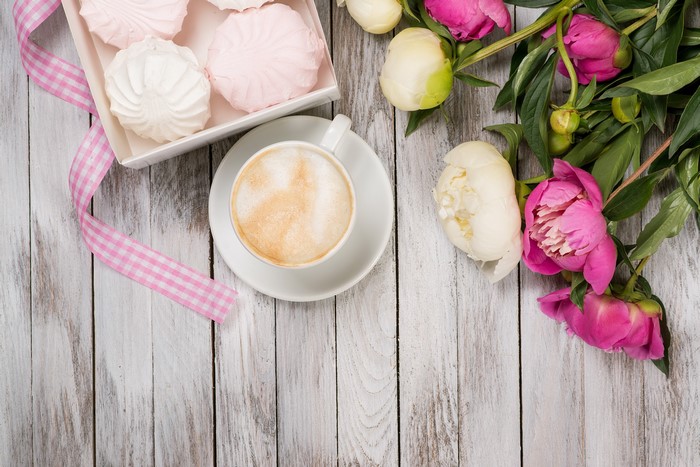 Cappuccino, Peonies, and Zefir on Wood Planks