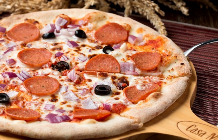 Pepperoni, Olive, and Red Onion Pizza