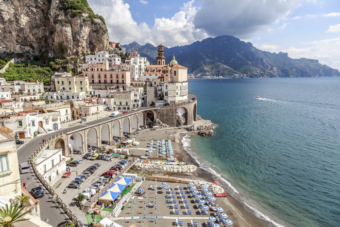 Atrani, Amalfi Coast, Italy with Beach and Mountains