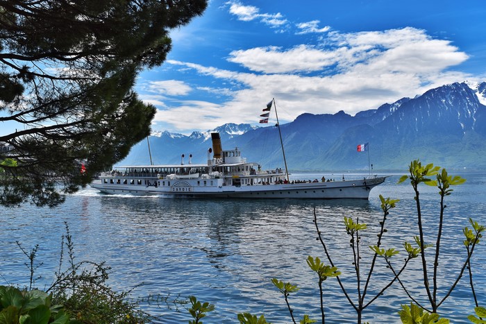 Steamboat on Lake Geneva, Switzerland with Mountains