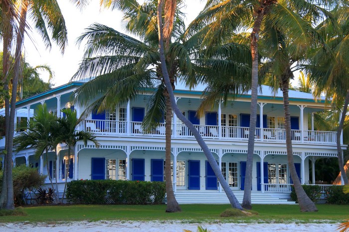White house with blue shutters and palm trees in Florida