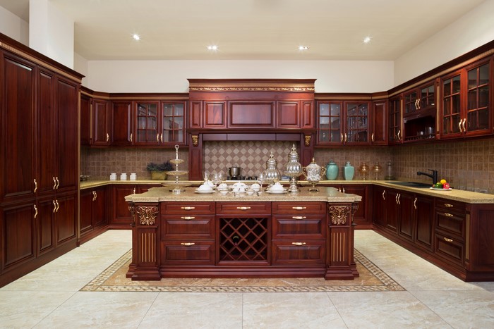 4K Kitchen Interior Design with Cherry Wood Cabinets
