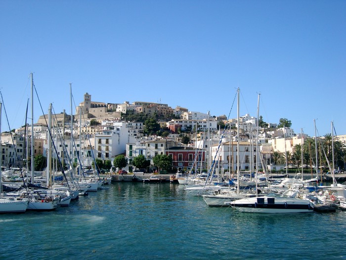 Ibiza Balearic Islands Spain Marina with Sailboats and Town