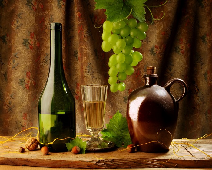 Still-life with wine bottle, grapes, jug, and nuts