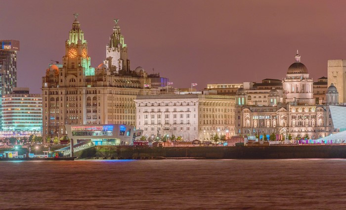 Liverpool skyline with Royal Liver Building at dusk