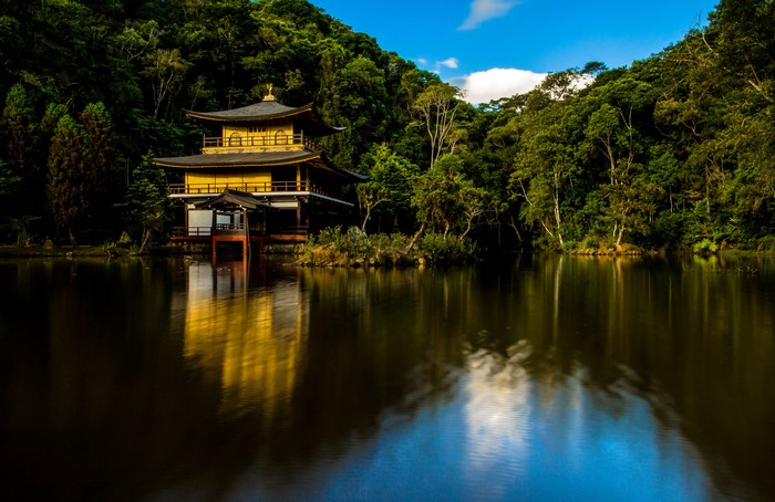 Golden Pavilion Temple reflected in a lake surrounded by trees
