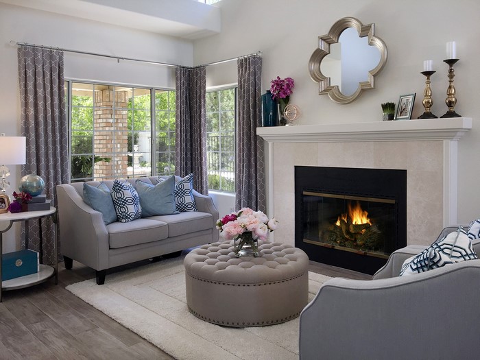 Living room with fireplace and sofa