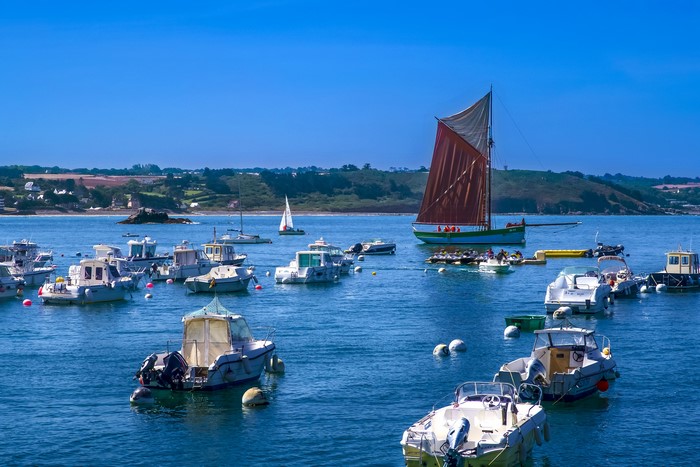 Boats in a bay in Erquy, Brittany, France