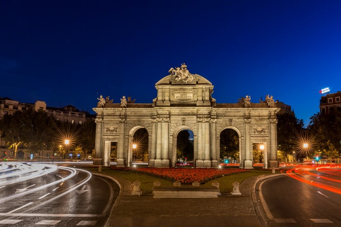 Puerta de Alcala at night in Madrid, Spain