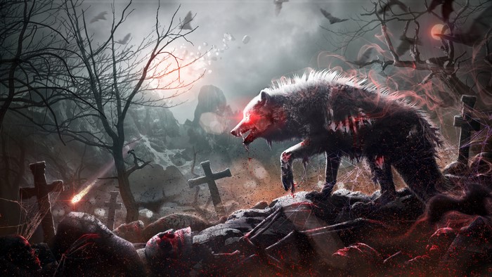 4K Gothic Fantasy Cemetery with Wolf and Crosses
