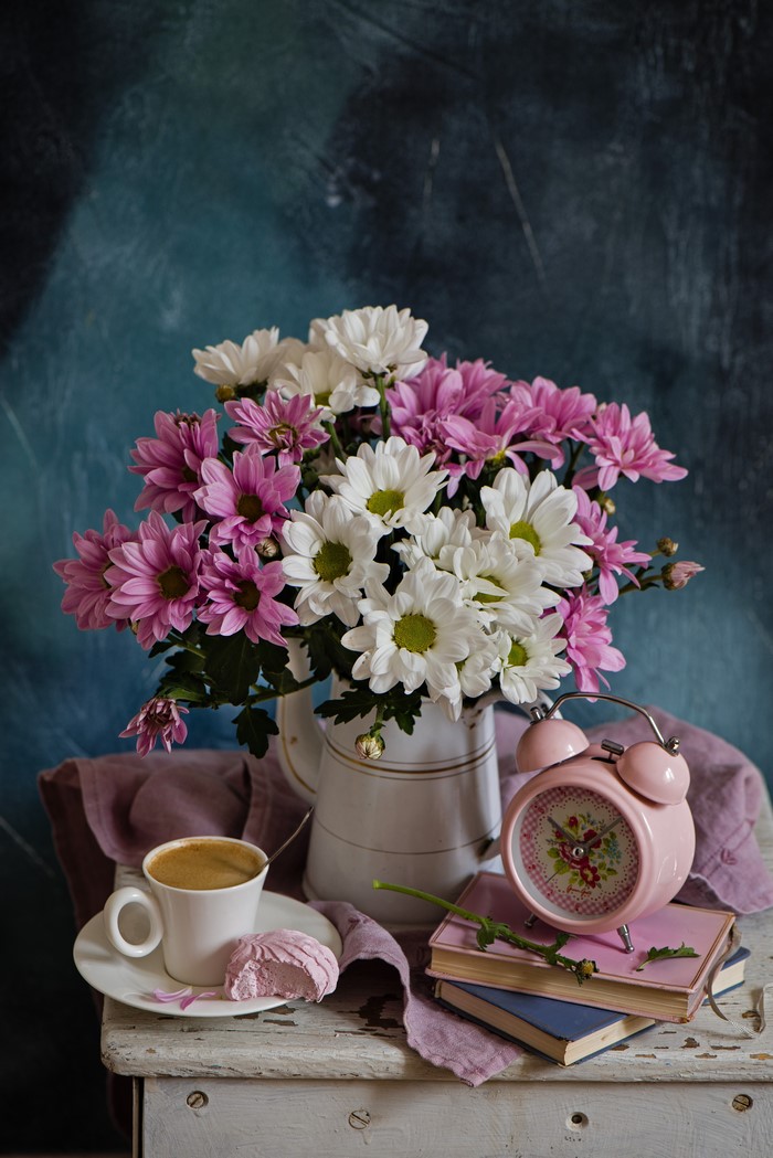 Still-life with Chrysanthemums, Coffee, and Alarm Clock