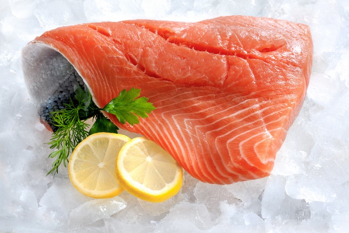 Salmon fillet with lemon and herbs on ice
