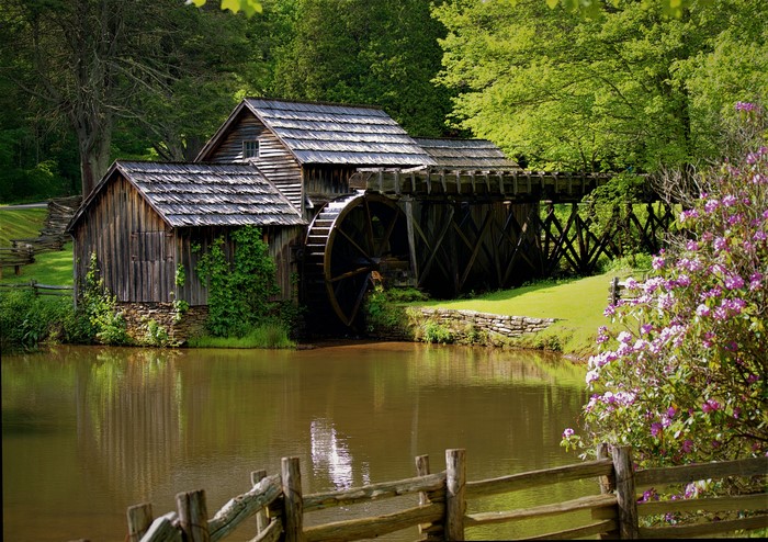 Old wooden watermill by a pond with flowers